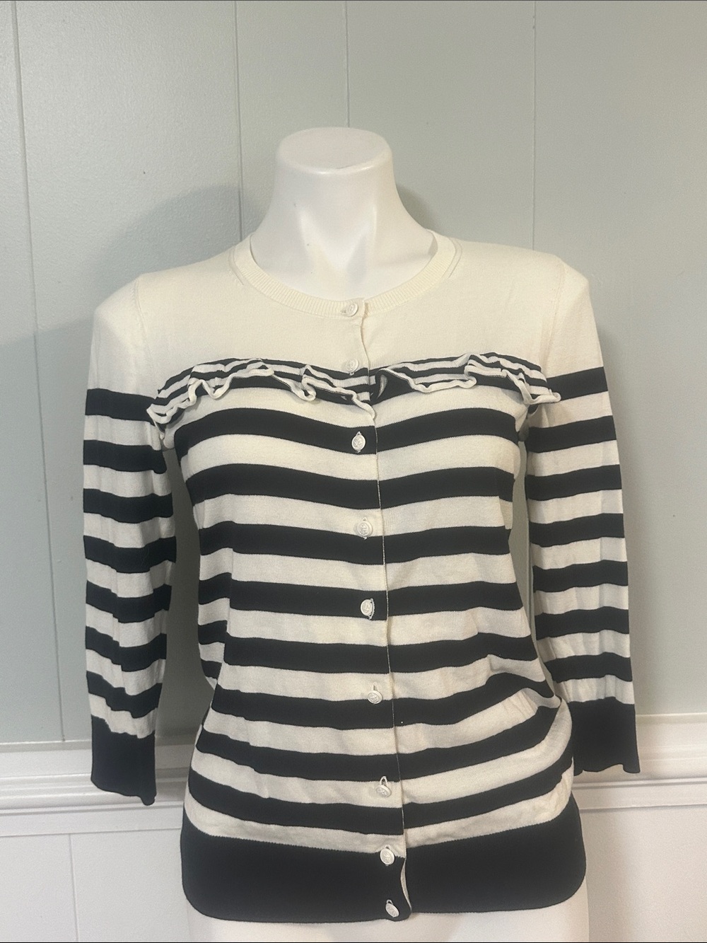 Talbots Black & Cream Striped Ruffle-Trim Button Cardigan
